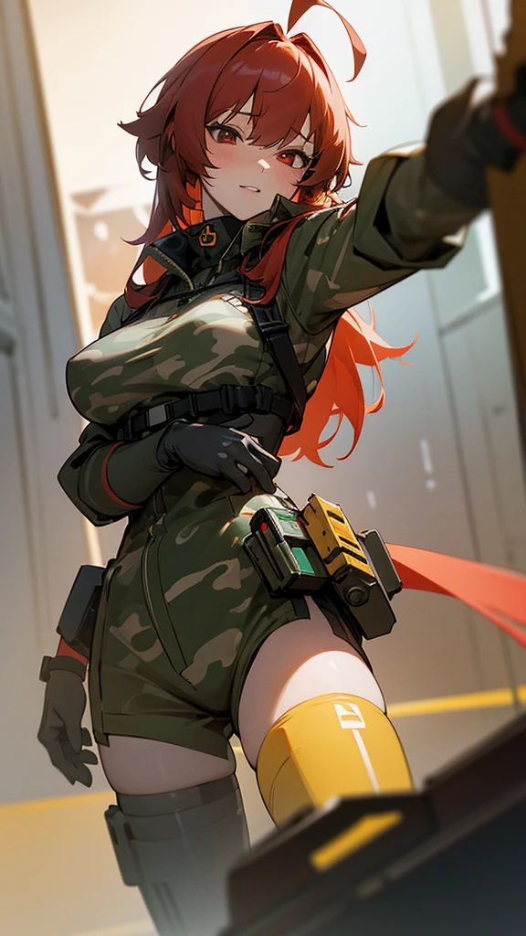 masterpiece, best quality, (extremely detailed CG unity 8k wallpaper), (best quality), (best illustration), (sexy_girl), posing, realistic lighting, absurdres, 1girl, Kagami Sumika, red hair, ahoge, red eyes, yellow bow, hair intakes, large_breasts, taskforce, digitalcamouflage, camouflage, sexy, long_gloves