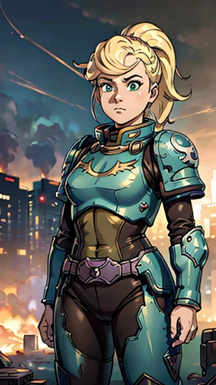 (1girl, cindy vortex), (extremely detailed CG unit 8k wallpaper),(master part), (best quality), (ultra detail), (best illustration),(Tsukasa hojo), cowboy shot, (Sharp eyeliner, ombre, detailed eyes:1), destroyed city, distant fires, rising smoke, (WH40K:1.0) background, break , standing, upper body,  blonde hair, ponytail, green eyes, bangs,
wearing a armor, wearing a helmet tk-char, 