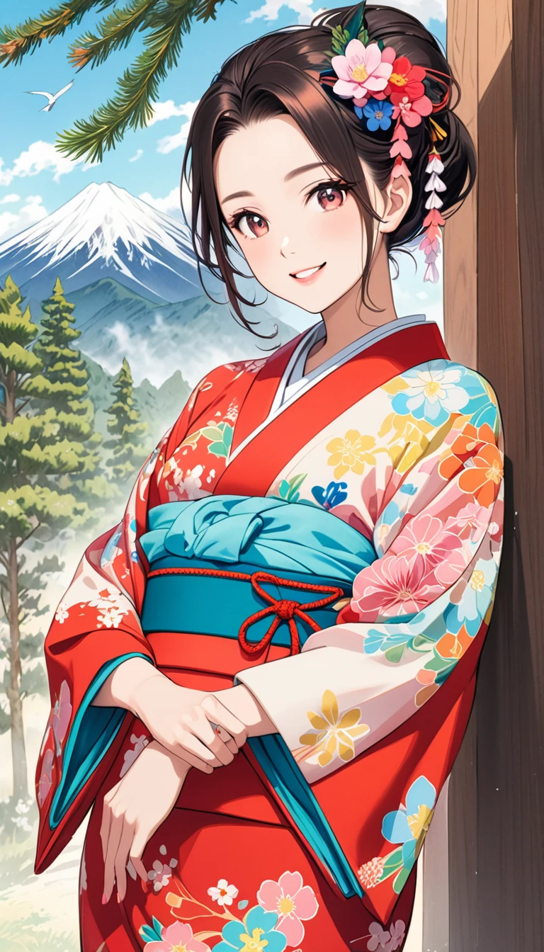 Young beautiful woman in kimono, colorful japanese clothes, Marugaku, hair ornaments, Look at me and smile,  (Big Pine Tree, Mountain, bird,  White cloud, Flowers), Japanese painting style, Illustration art, art，Colored pencil drawing，Draft, 