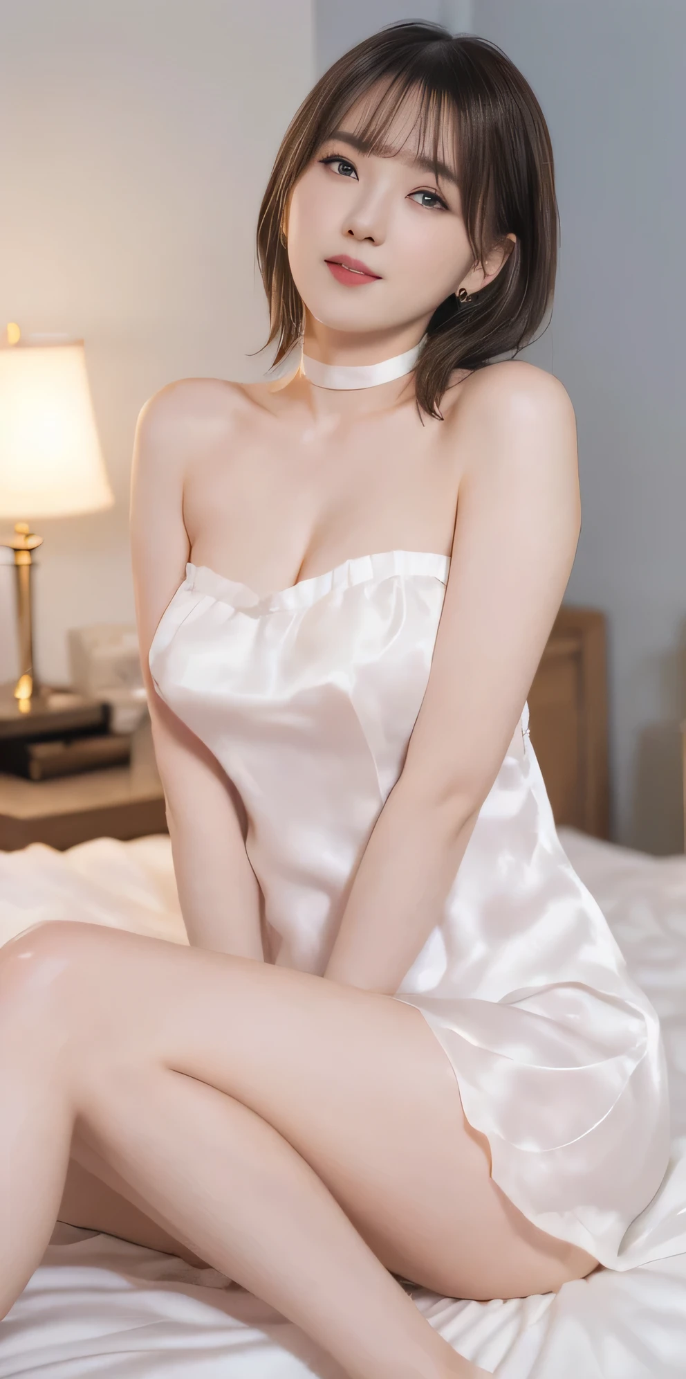 (8k, Original photo, Highest quality, masterpiece:1.2,),(((Detailed Background:1.2))),(((Slightly open the mouth))),Ultra-high resolution, (8k, Original photo, Highest quality, masterpiece),Ultra-high resolution,Highly detailed CG synthesis 8k wallpaper,Perfect Anatomy, bangs,(Shiny medium long hair:1.7、Beautiful brown hair),choker,(Hollow Eyes:1.4),Thin eyebrows,Beautiful Face,Clear skin,Erotic,(Big Breasts:1.5),Small Nose,Expressionless like a doll,(Luxury love hotel room:1.8,Adult atmosphere,Love bed,Sit on the bed,The night view can be seen from the window、Night time) ,Showing cleavage,(Cinema Lighting),(((Sexy white silk mini dress:1.3、White strapless mini dress:1.2))),brainwashing, ((Expressionless,Emotional erasure,A helpless face,Hypnotic state,Blank look,Emotionless)),Full Body Shot、(Facing forward:1.4)、