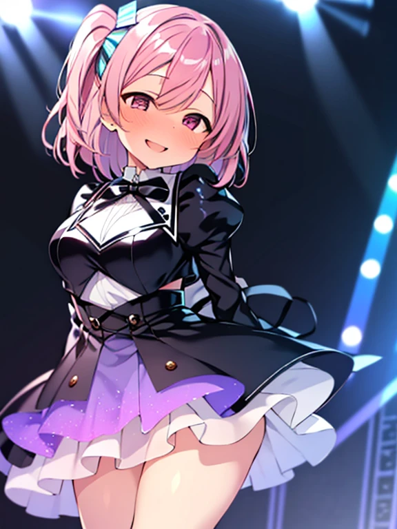 ((1girl),(petite)), ((wide shot:1.3),(from below)), (8k,16K,masterpiece,best quality,high-resolution,detailed fingers,detailed hands,detailed eyes,detailed legs:1.5), ((seductive smile, (blush)), (headset, (idol), Seven-colored vinyl costume, Holographic color outfit), ((huge breasts),(beautiful breasts,curvy)), ((Late Night),stage,Seven-color spotlight,Starry Sky)