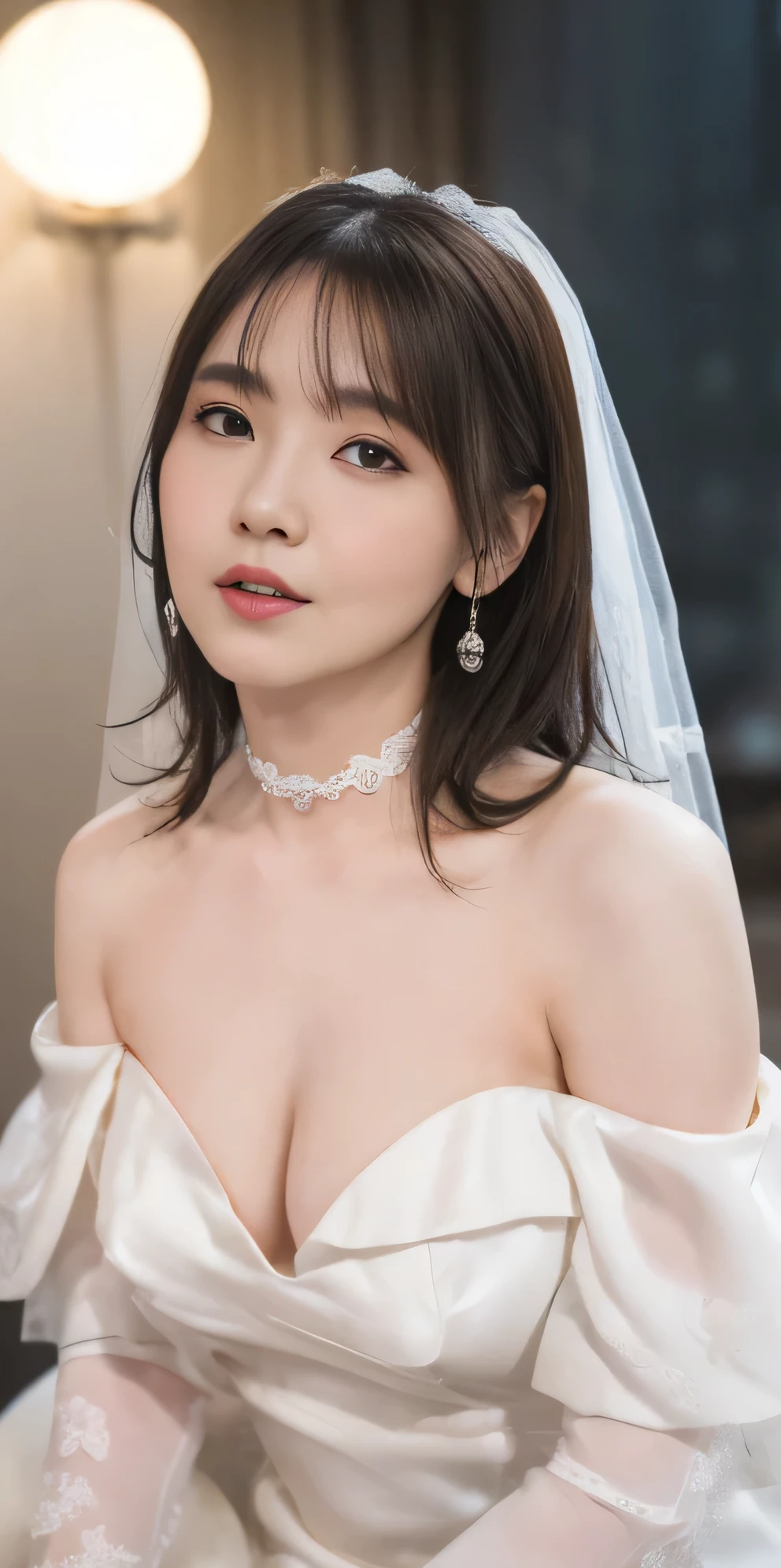 Photograph of the person woman, one young girl, double eyelids, (big: 1.2), sexy bride, (pure white wedding dress, wedding veil)), (deep slit: 1.2), (smile: 1.1), off-shoulder, (in the church)), cleavage cutout, (open arms for viewer: 2.0), (sideboob), ( portrait)、(bob cut)、(close to viewer)、(strong light)