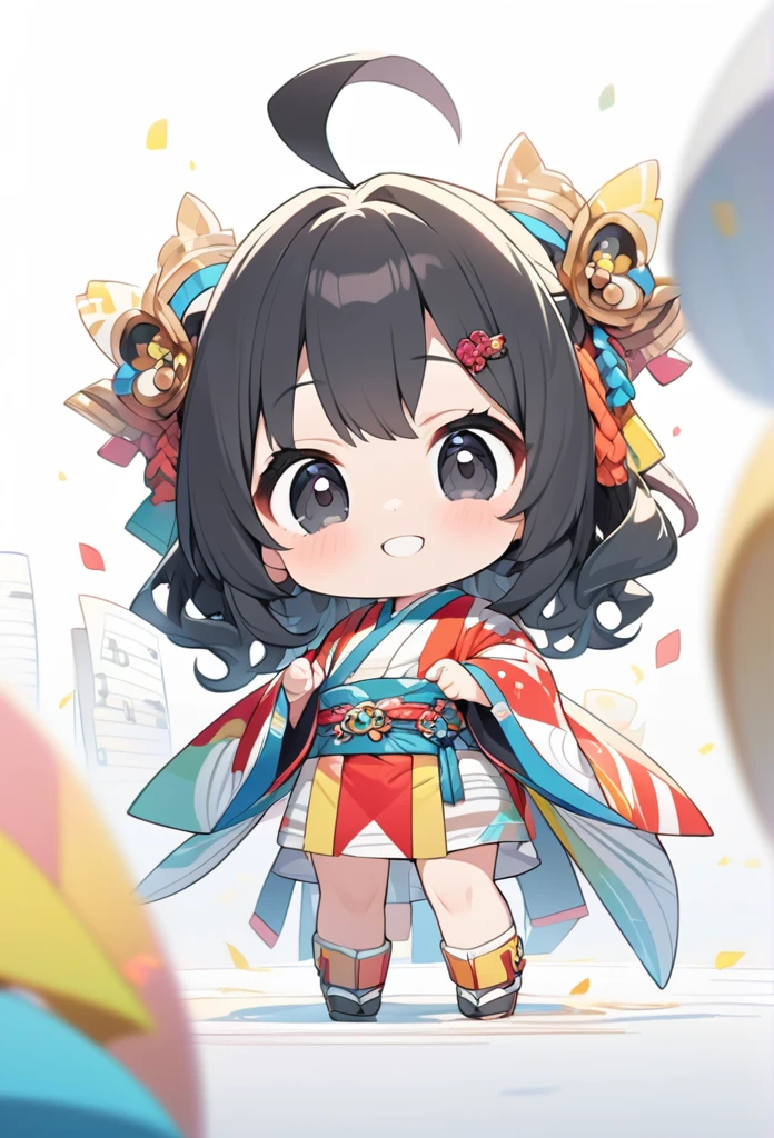 female child, , glad, smiling, looking at viewer, hime cut, ahoge, wavy hair, black hair, black eyes, big eyes, fair skin, chibi, A kimono based on white stripes with a Sheet Music pattern, Japanese hairpin, white background, masterpiece, best quality, detailed, ultra detailed, hyper detailed, insanely detailed, exquisite, beautiful, Full-HD, 16K, cute, fantasy, vibrant academia, anime, 2d anime, chibi anime, icon, soft lines, soft surface, simple line drawing, full body shot, front view, best light, fast shutter speed, depth of field, highly saturated colors, vibrant colors, pale colors, best hand