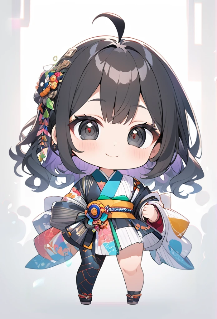 female child, , glad, smiling, looking at viewer, hime cut, ahoge, wavy hair, black hair, black eyes, big eyes, fair skin, chibi, A kimono based on white stripes with a Sheet Music pattern, Japanese hairpin, white background, masterpiece, best quality, detailed, ultra detailed, hyper detailed, insanely detailed, exquisite, beautiful, Full-HD, 16K, cute, fantasy, vibrant academia, anime, 2d anime, chibi anime, icon, soft lines, soft surface, simple line drawing, full body shot, front view, best light, fast shutter speed, depth of field, highly saturated colors, vibrant colors, pale colors, best hand