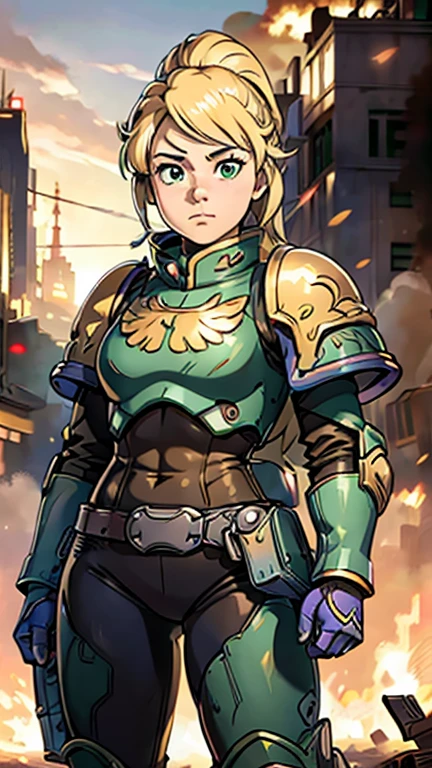 (1girl, cindy vortex), (extremely detailed CG unit 8k wallpaper),(master part), (best quality), (ultra detail), (best illustration),(Tsukasa hojo), cowboy shot, (Sharp eyeliner, ombre, detailed eyes:1), destroyed city, distant fires, rising smoke, (WH40K:1.0) background, break , standing, upper body,  blonde hair, ponytail, green eyes, bangs,
wearing a armor, wearing a helmet tk-char, 