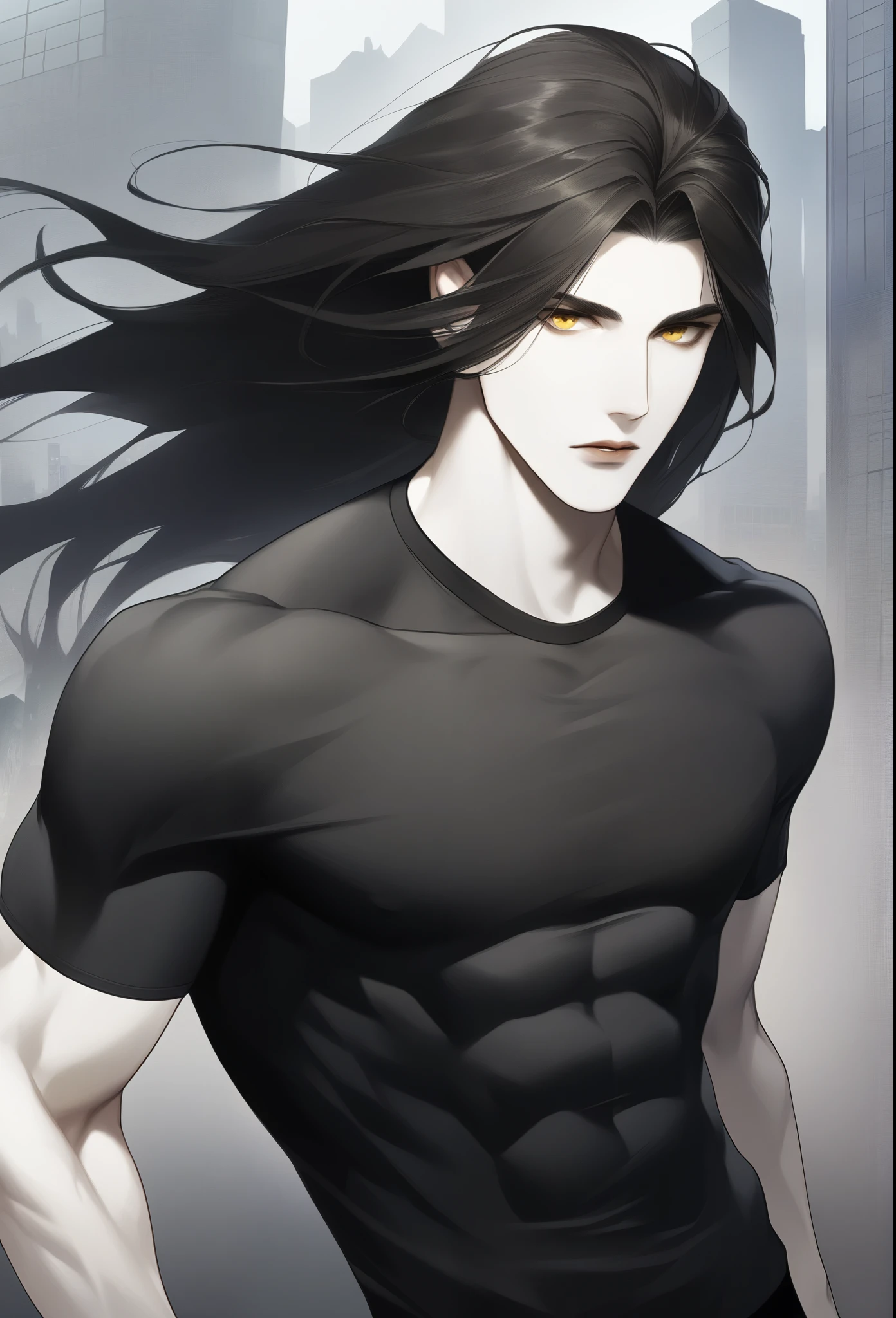 1 , male focus, pale skin tone, yellow eyes, muscular male, muscular, Scrawny, standing, city by day, defined abs, standing, standing alone, seriously, long hair, hair covering right eye, black hair that is combed up, parted lips, black jersey, dark brown jacket, best qualityer, incredible quality, better aesthetics, Masterpiece artwork, best qualityer