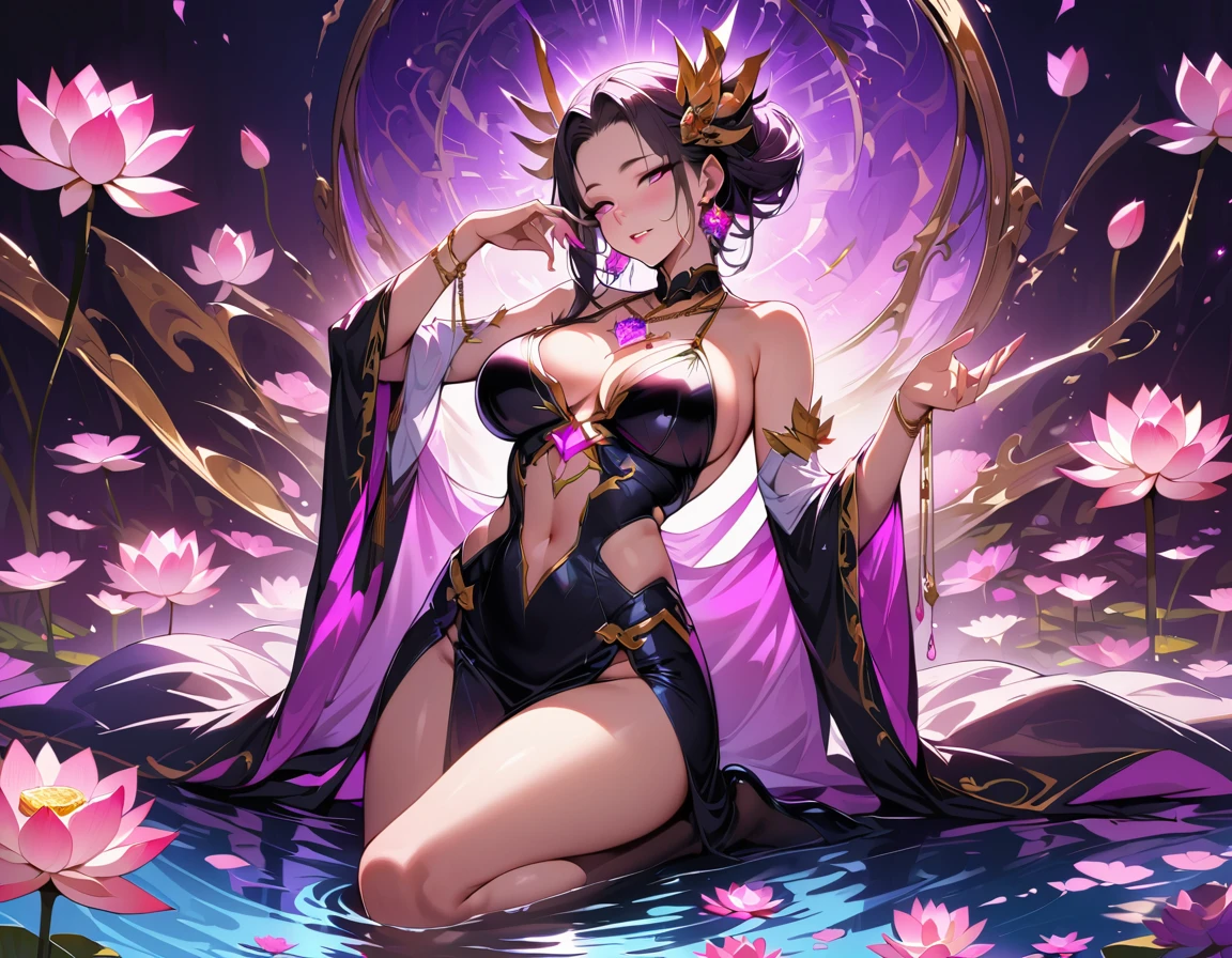 Young beautiful woman,(Highest quality,Extremely detailed depiction,Incredibly absurd high resolution,Anatomically accurate depiction,Shiny skin,Porcelain-like skin,Curvy Legs),(Bewitching angel),(Noble angel costume,Lotus flower embroidery,See-through robe,Intricate embroidery,Strong shiny fabric,black tights),eyelash,(Pink Eyes,Large Breasts,A seductive smile,Glossy lips,Flashy makeup,Seductive gestures,Half-closed eyes:1.5),Luxury earrings,necklace,Lotus flower accessories,whole body,background:A pond with blooming lotus flowers,Floating lotus flower