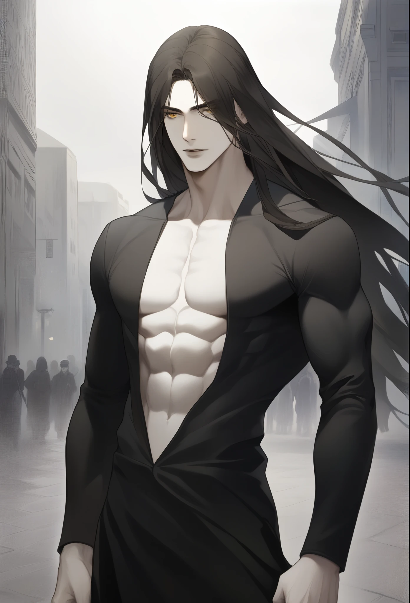 1 , male focus, pale skin tone, yellow eyes, muscular male, muscular, Scrawny, standing, city by day, defined abs, standing, standing alone, seriously, long hair, hair covering right eye, black hair that is combed up, parted lips, black jersey, dark brown jacket, all-body, best qualityer, incredible quality, better aesthetics, Masterpiece artwork, best qualityer