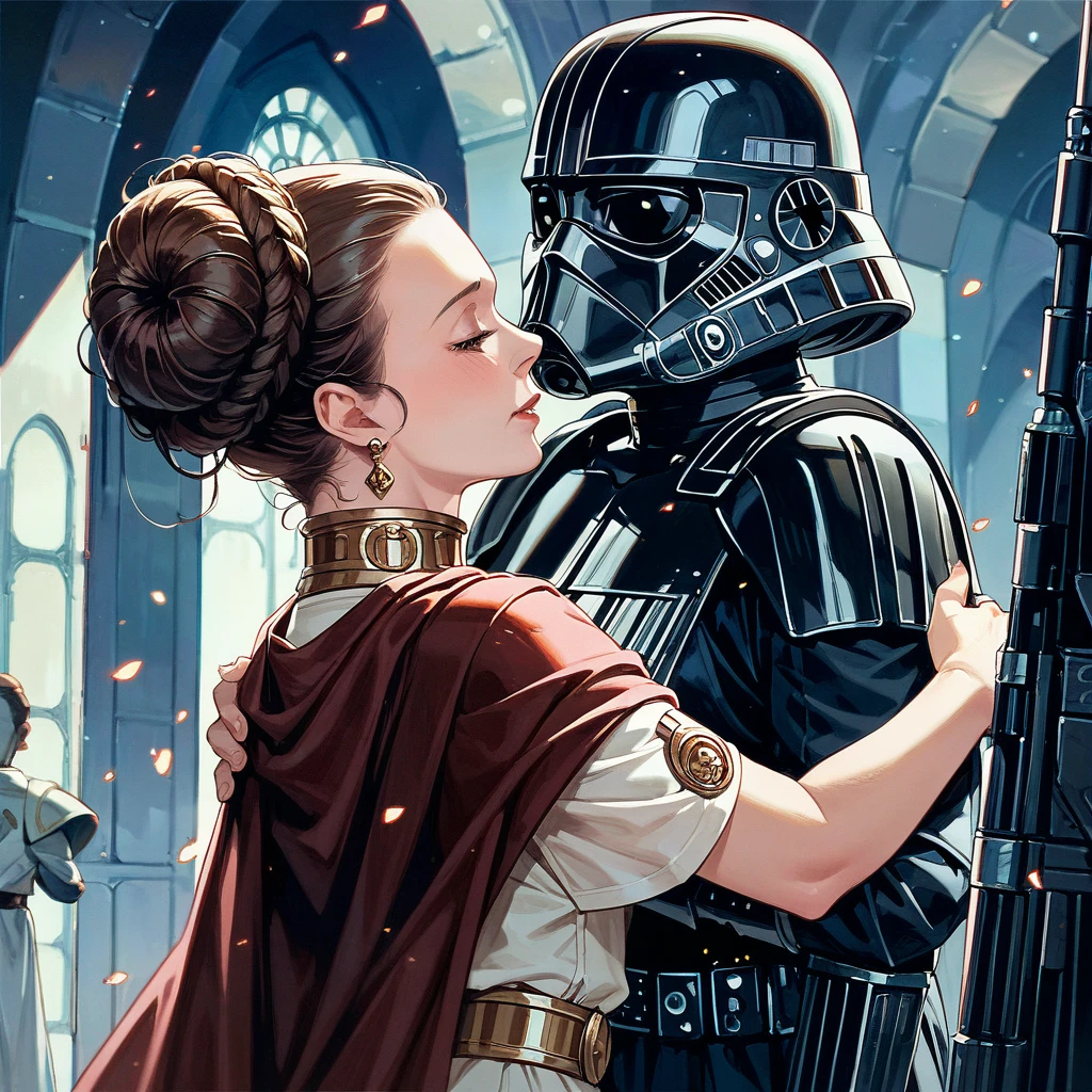 ((Highest quality)), ((masterpiece)), (detailed), （Perfect Face）、The woman is Princess Leia, has dark hair and is wearing an engagement ring.、She is embracing Darth Vader at her wedding ceremony at the Space Empire wedding hall.