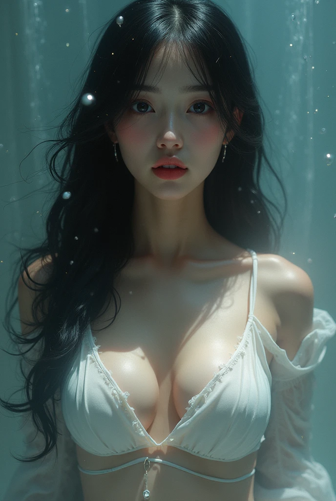 a girl in under water that her hair flows, she wear a white color bra, she have a flabby breast, deatailed skin, masterpice, high resolution, she also wear a bule necklace that the last part of the necklace was gone into her breast., front view, clear water.