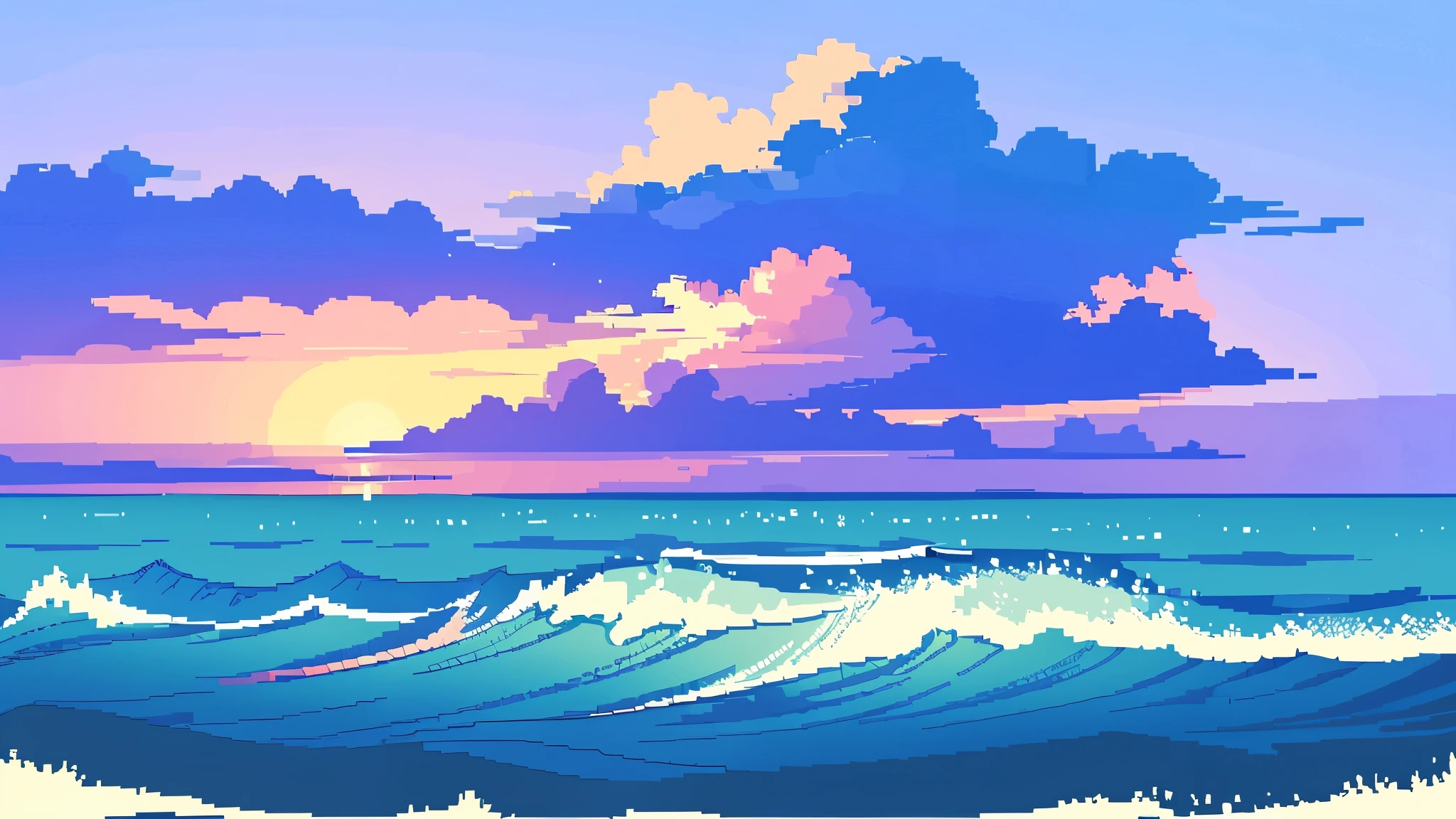 Generate me an Ocean and sky drawin in the style of pixel art, high detail