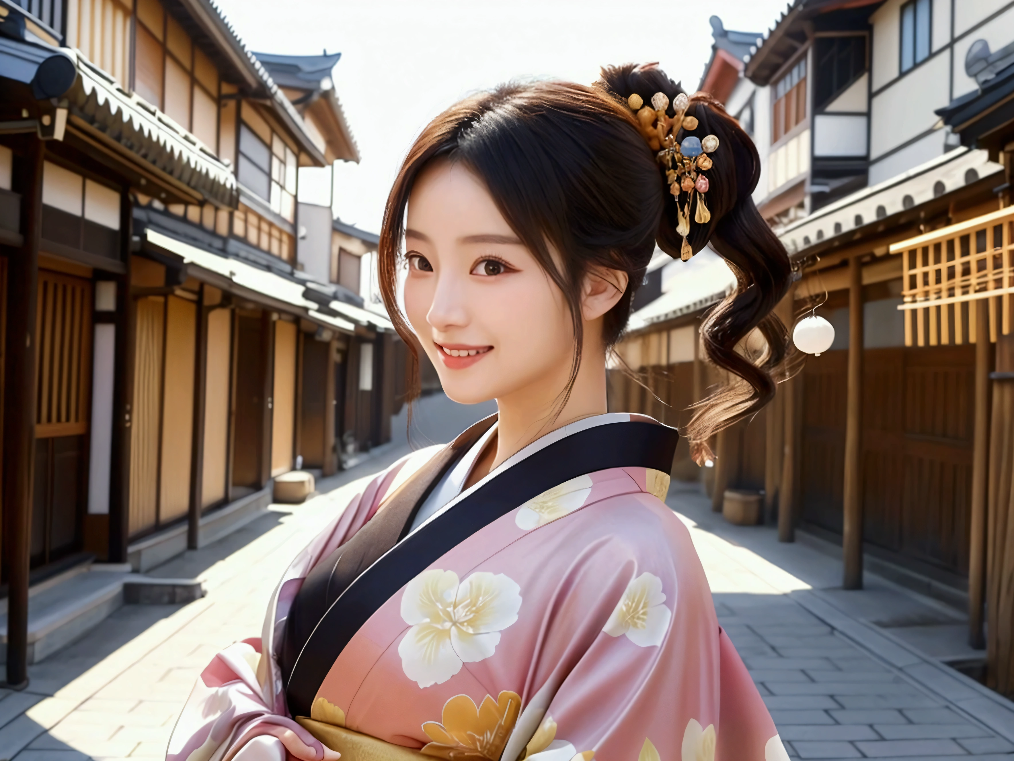 (1 person)、One person、smile、Brightly colored kimonos、Queen、goddess、Beauty、speech、In front of the audience、2、Realistic photos, Beautiful Eyes, Elegant kimono, Soft lighting, Traditional Japanese art style, Vibrant colors, Peaceful atmosphere, Delicate features, Graceful posture、She wears traditional kimonos and modern accessories.