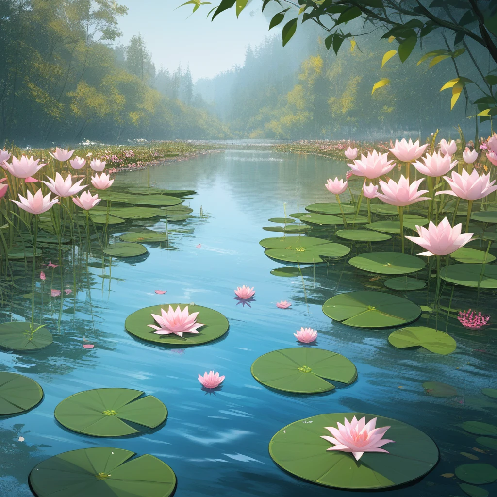 score_9, score_8_up, score_7_up, score_6_up, score_5_up, score_4_up, source_anime, source_furry, best quality, masterpiece, origami, flower, blurry, lily pad, outdoors, lotus, leaf, pink flower, water, blurry background, day, scenery, depth of field, still life, nature