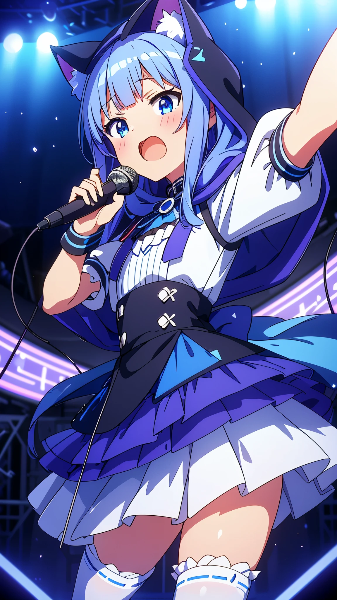 great quality 4k with a lot of detail ray tracing 1 girl wearing a blue hood with black and white short skirt long white stockings nekomimi blue eyes multi-colored hair white with blue and purple in a recording studio perfect anatomy perfect hands blush on cheeks singing in front of a microphone 