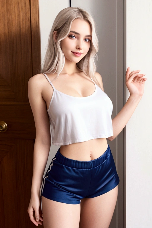 masterpiece, high resolution, photographic detail,  beautiful girl, 1, loose fitting white croptop tshirt and navy silk shorts, exposed stomach and slender waist, beautiful girl, standing at a bedroom door holding a white pillow at night, evening, high resolution face, (high resolution eyes), blushing, smiling, teasing, view of full body, messy white hair, perfect lips, perfect nose, seductive, large beasts, side boob, view from the side