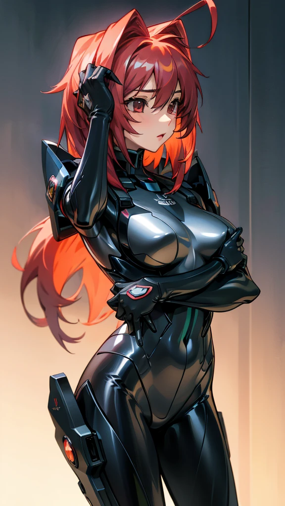 masterpiece, best quality, (extremely detailed CG unity 8k wallpaper), (best quality), (best illustration), (sexy_girl), full_body, posing, realistic lighting, absurdres, 1girl, agami Sumika, red hair, ahoge, red eyes, yellow bow, hair intakes, large_breasts, bodysuit, military_suit, katana, sexy, long_gloves