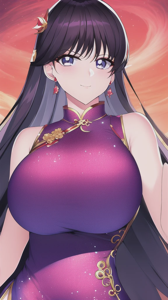 Huge_chest, alone, China_dress, 星nullの_null, Highest quality, Detailed face, Detailed eyes, High resolution,Upper Body、Evil female executive、Wicked Smile、chestの谷間、Sexy pose