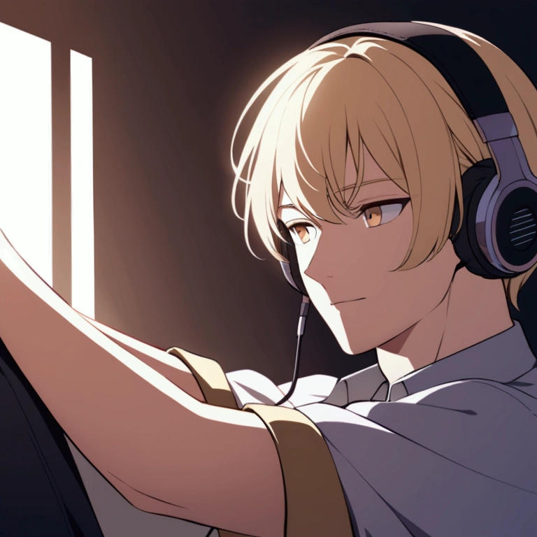 masterpiece, best quality, high quality, 1boy, solo, male focus, looking at viewer, upper body, <lora:nobimaru_kemono_jihen:0.66>, nobimaru_kemono_jihen, blonde hair, brown eyes, headphones, , yukata