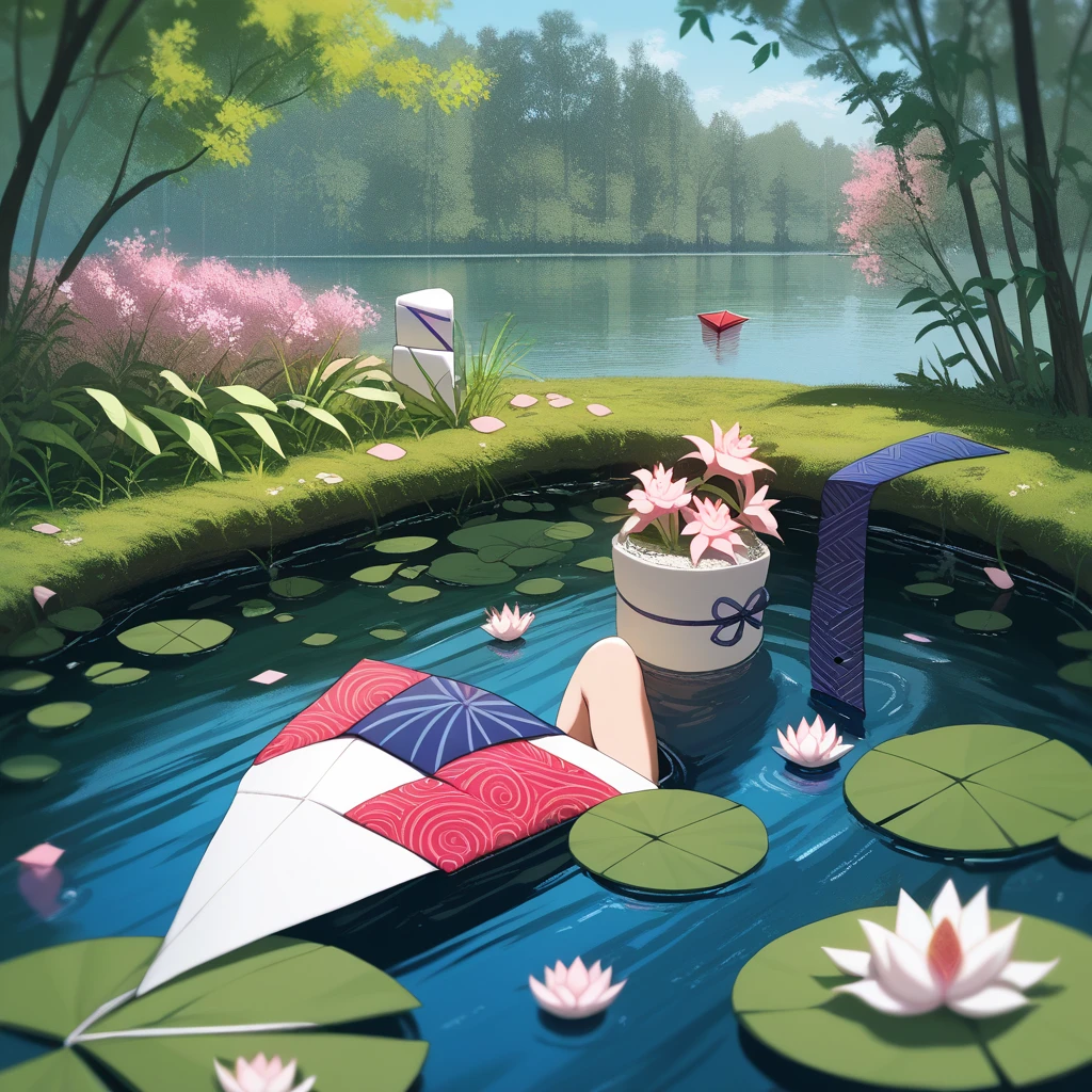 score_9, score_8_up, score_7_up, score_6_up, score_5_up, score_4_up, source_anime, best quality, masterpiece, (origami style:2.0), flower, blurry, lily pad, outdoors, lotus, leaf, pink flower, water, blurry background, day, scenery, depth of field, still life, nature