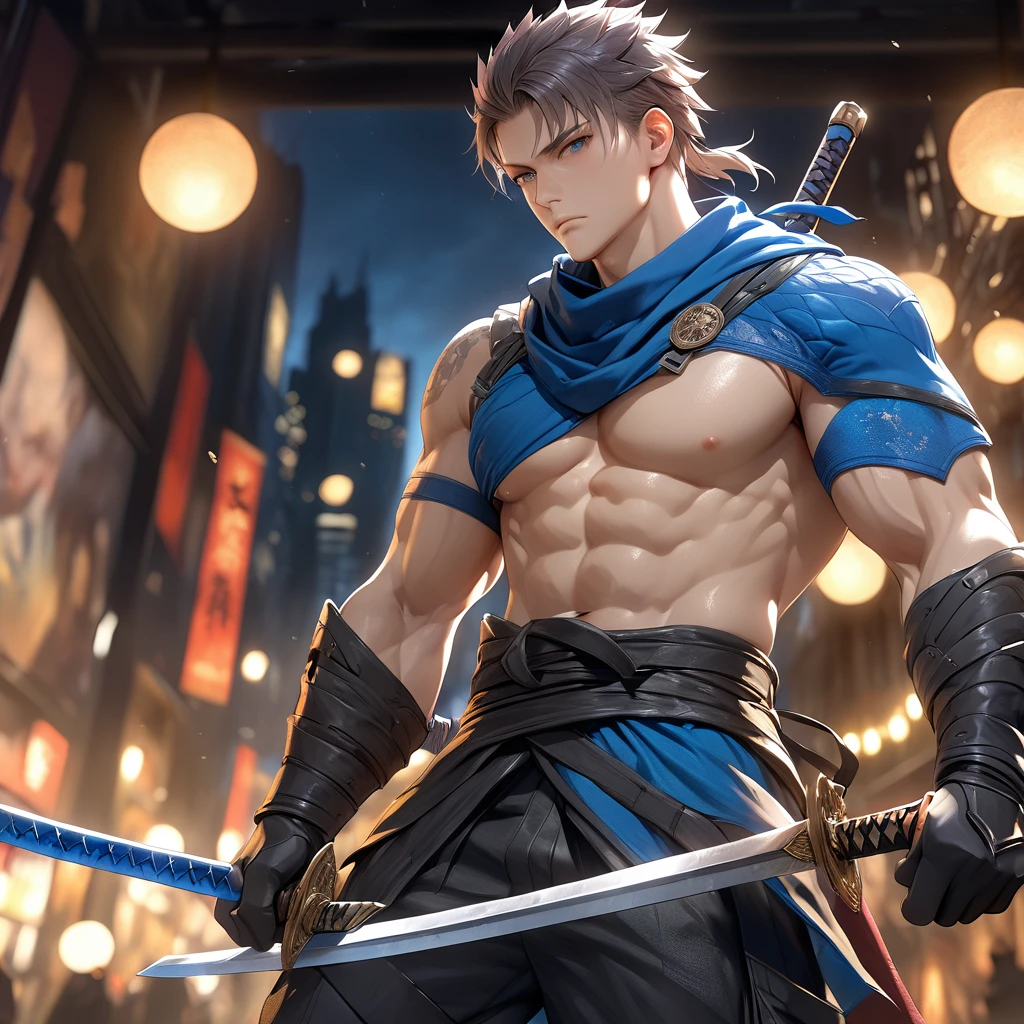 1 boy, solo, blue highLight, ninja clothes, looking at viewer, night city, expressionless, muscular, holding two swords, best quality, 4k, 8k, highres, masterpiece:1.2, ultra-detailed, realistic, photorealistic:1.37, HDR, UHD, studio lighting, ultra-fine painting, sharp focus, physically-based rendering, extreme detail description, professional, vivid colors, bokeh, portraits, concept art