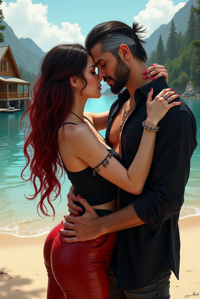 2 strong men dance floating, in a black tulle skirt on the beach by the light of a bonfire, on the left side of the photo,  by the sea. one of them is redheaded the other is white with a shaved head, both with beard. gays, a black cat watches the two
