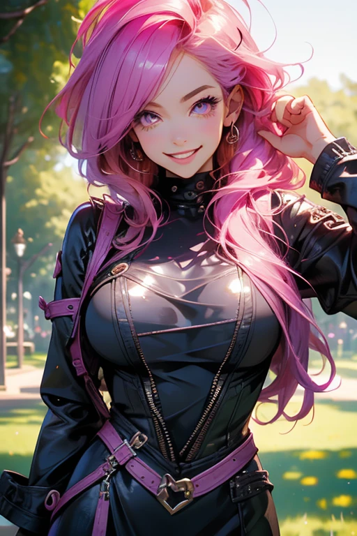 Perfect face. Perfect hands. A pink haired woman with violet eyes and an hourglass figure in silk dark blue lingerie is posing in the garden with a big smile
