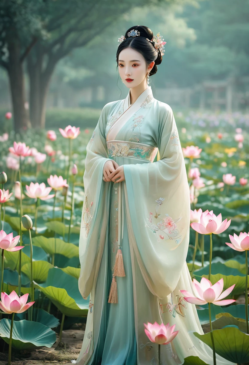 there is a woman in a dress standing in a field of flowers, palace ， a girl in hanfu, beautiful render of tang dynasty, wearing ancient chinese clothes, hanfu, ancient chinese princess, a stunning young ethereal figure, standing gracefully upon a lotus, ancient chinese beauties, a beautiful fantasy empress, ethereal beauty, by Yang J, by Yu Zhiding