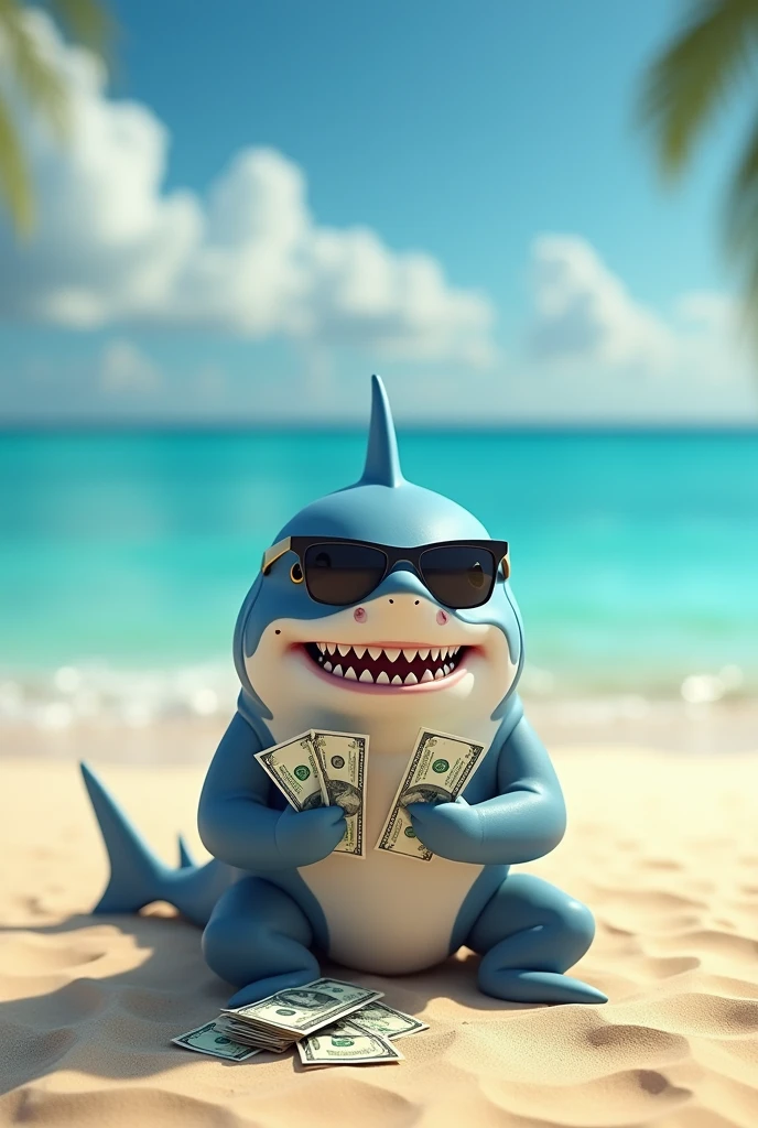 A shark is sitting on a chair outside the sea, with glasses in its eyes and a dollar sign in the middle. An umbrella is standing next to the chair. He is holding a glass of syrup in his right hand and holding a coin in his right hand. There is a shark symbol in the middle of the coin and a beautiful girl is standing next to him.