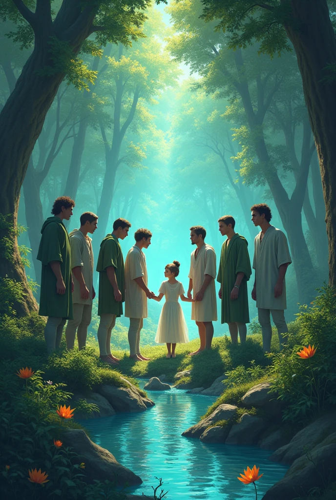 a pixa Disney cartoon of biblical times, A Lot of happy 6 year old boys in heaven in a heavenly garden filled with beautiful tress and flowers dressed like the bible times having white robe around their west.