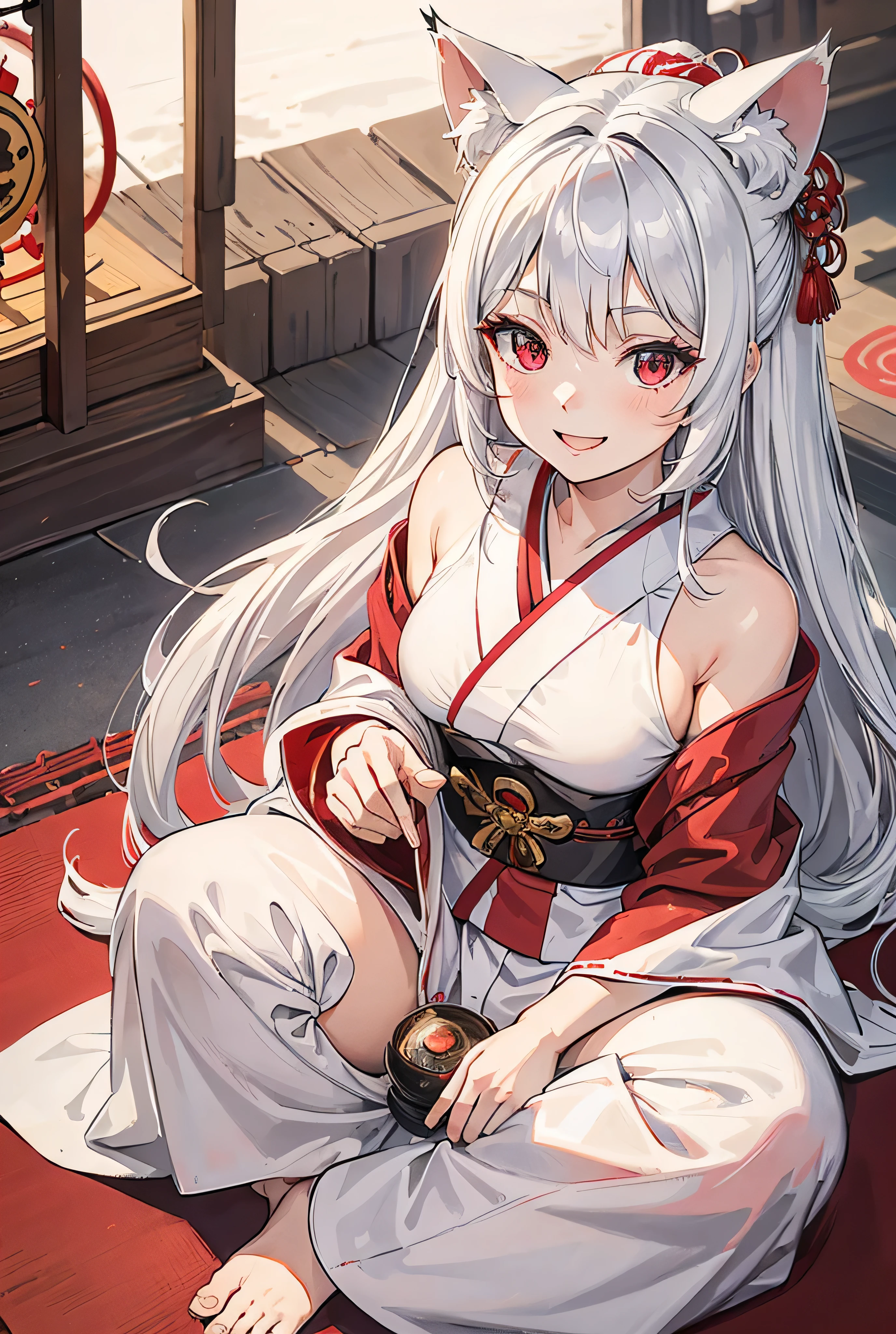 One Girl, Long Hair, Big smile, Silver Hair, Red Eye, White kimono, shrine, Highest quality, High-resolution models, Looking down, Cat ear, Fisheye Shot,