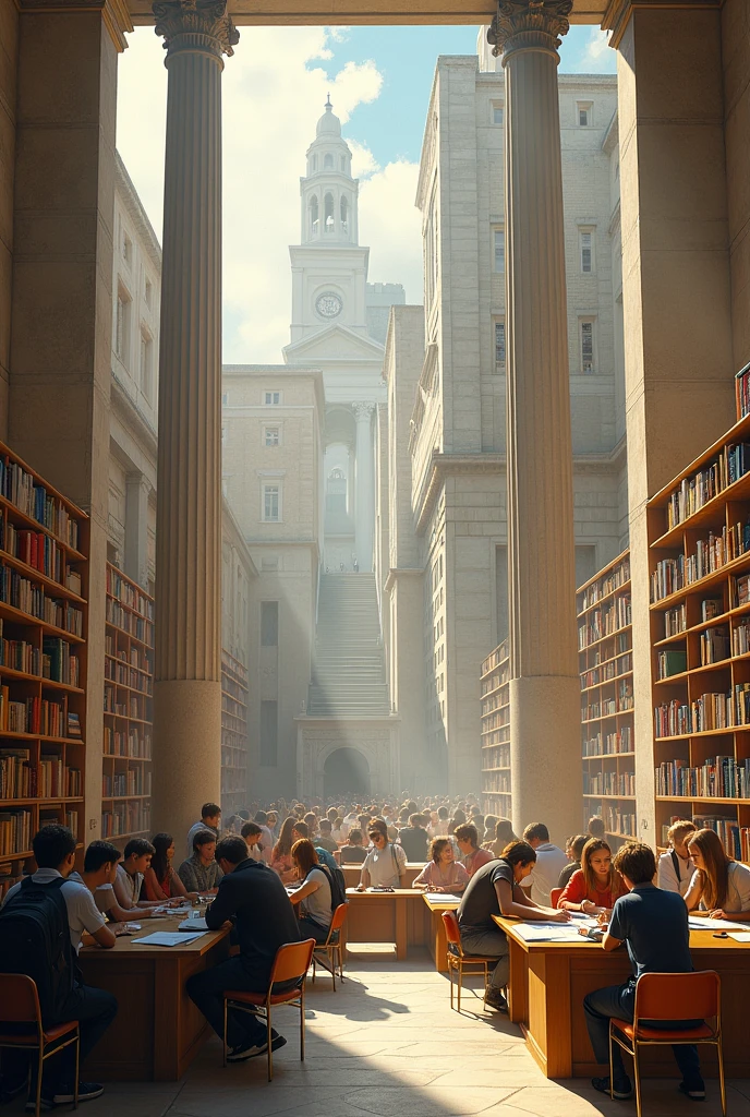 images d’écoles, universities, modern books, with passages from Plato&#39;s works such as "The Republic" 