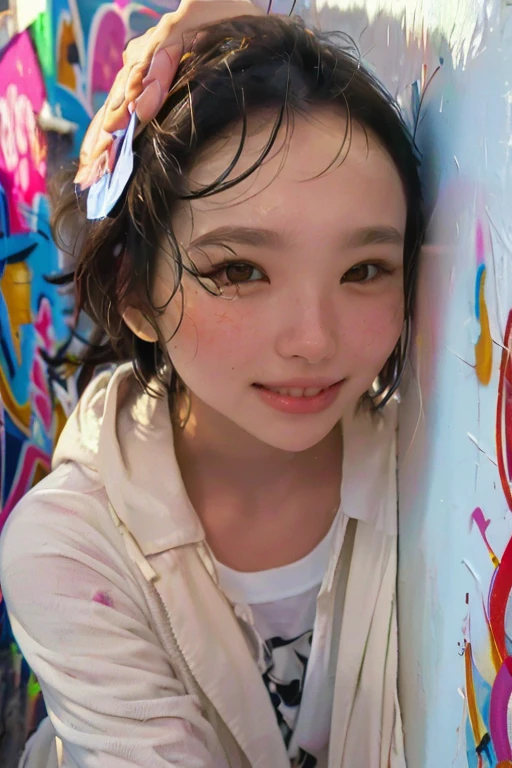1 girl, Dynamic angle, clouds and mountains, (flower field:1.4) in the foreground, white dress, light tracking, (Multi-colored wind blows:1) (realistic:1.4), official art, unity wallpaper 8k, very detailed, beautiful and beautiful, Masterpiece,best quality, Glowing skin, movie light, Smiling softly, there is a beautiful sunset with a lake and trees in the background., colorful sky, Surreal colors, colorful sunset, colorful sky, The magical reflection of the sky, Breathtaking skies, Dream like atmosphere 8K, colorful clouds, Colors reflected in the lake, surreal sky, red and blue reflection, Fire reflection, beautiful sky, The dusk is beautiful and breathtaking., beautiful dream landscape, dramatic sky , The futuristic wall clock is in the left corner.