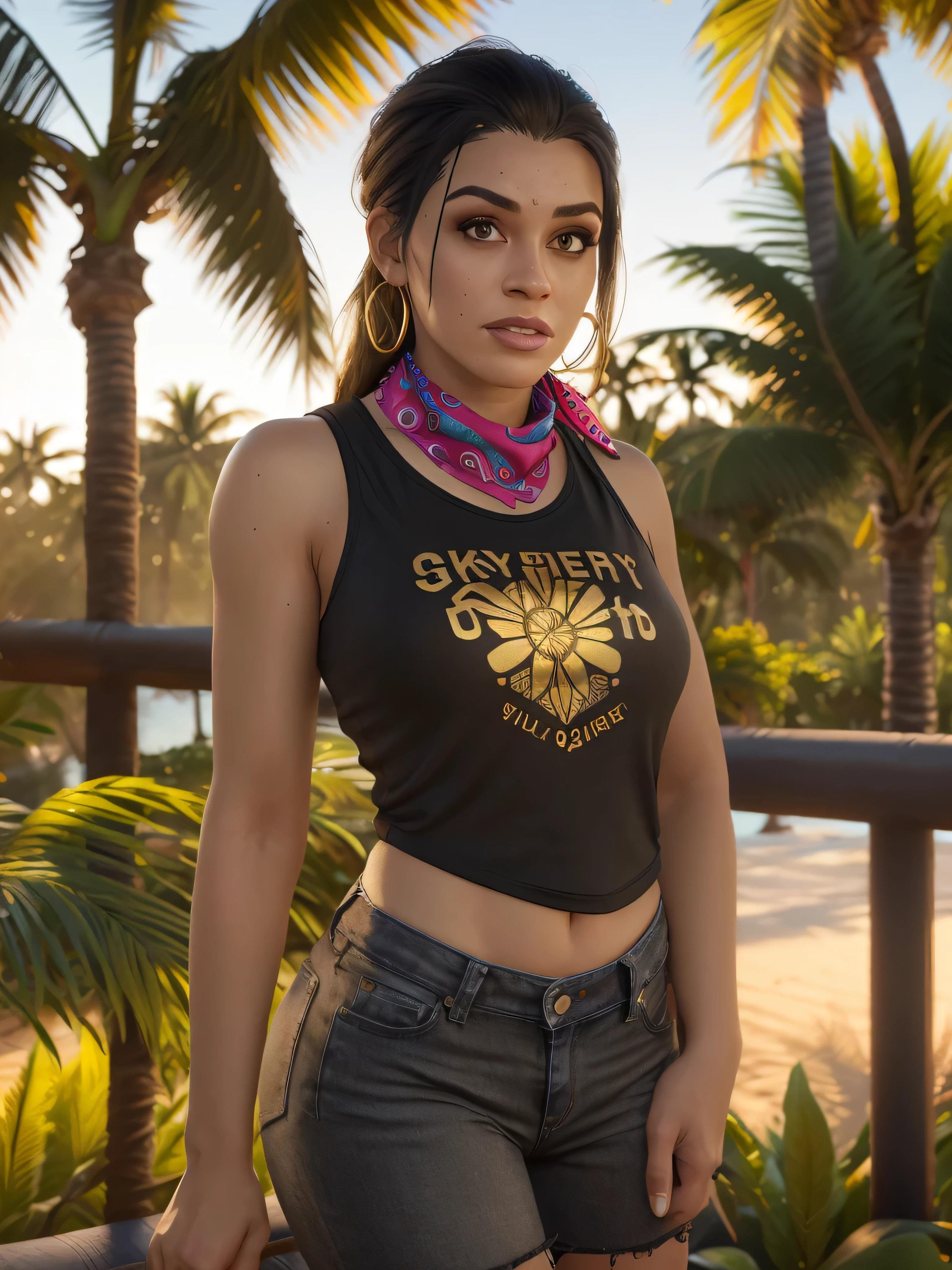 8k hd, dslr, high qualiy,  (ultra realistic,32 mil, work of art:1.1),(skin detailed), (golden hour time:1.1) octane rendering,gtluc ,a one woman, (Black tank shirt:1.3), hypdertailed, bandana vermelha, shorts jeans, (looking ahead at viewer),miami,Trees,palmtrees,beachfront, with a worried, stressed expression