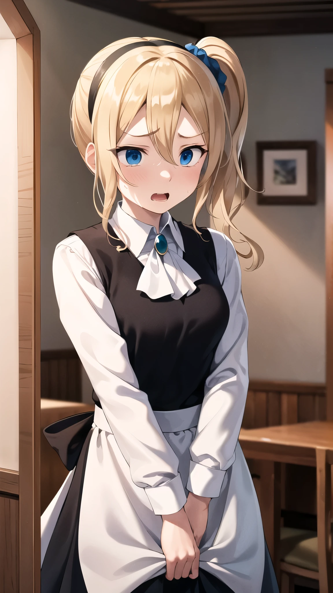 (((((scared))))),masterpiece, Highest quality, High resolution, Ah Hayasaka, Side Ponytail, Medium chest, Ascot, Collared shirt, Black vest, Long sleeve, Maid Apron, skirt, indoor, Are standing, Cowboy Cowboy Shots,