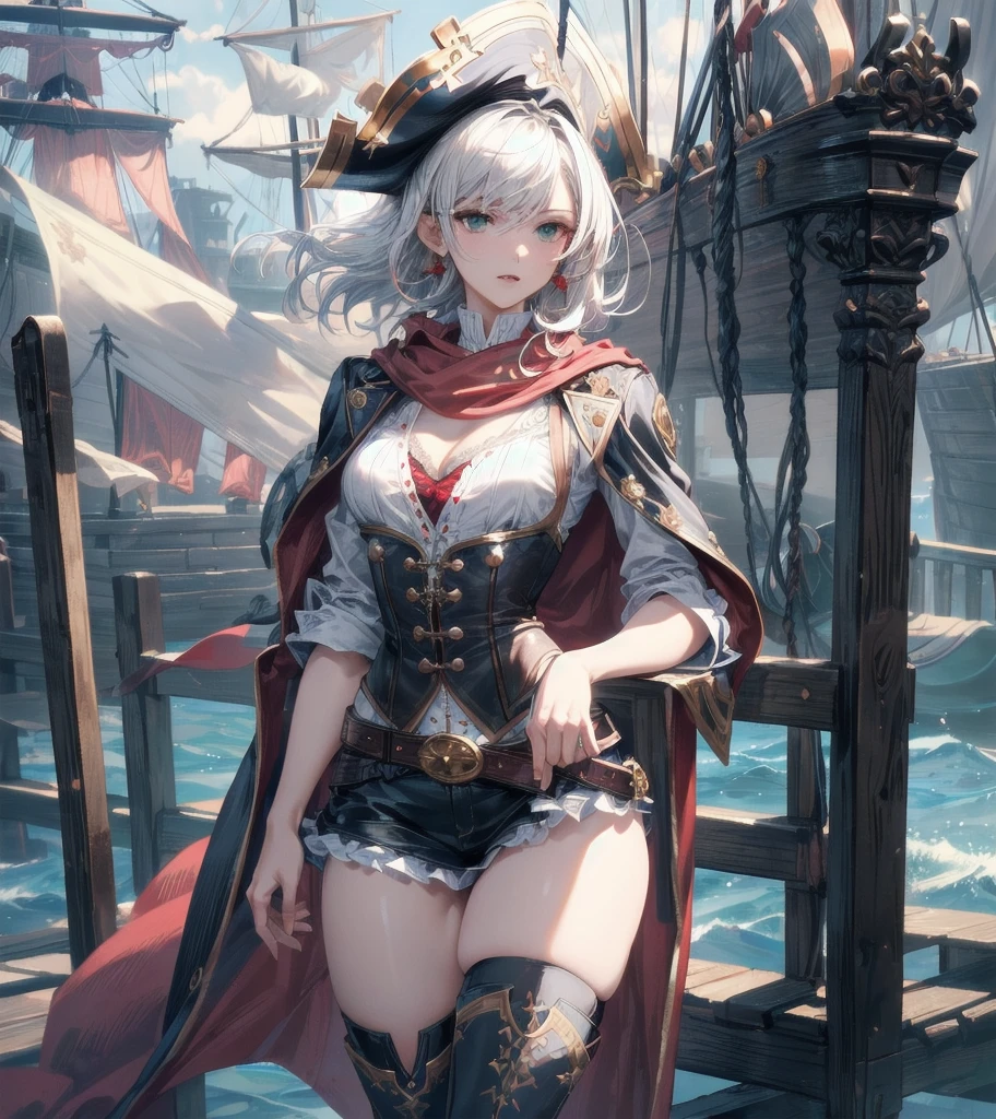 absurdres, RAW photo, extremely delicate and beautiful, masterpiece, Best Quality, ultra high resolution, 32k, hyperrealistic, ultra-detailed, perfect figure, detailed description, pale skin, 20 years old, detailed beautiful face and eyes, tearful mole, earring, short medium hair, wavy hair, full body, a heavily armored pirate, pirate captain, detailed metal armor, intricate pirate clothing, bold colors, highly detailed metal textures, holding a massive anchor,