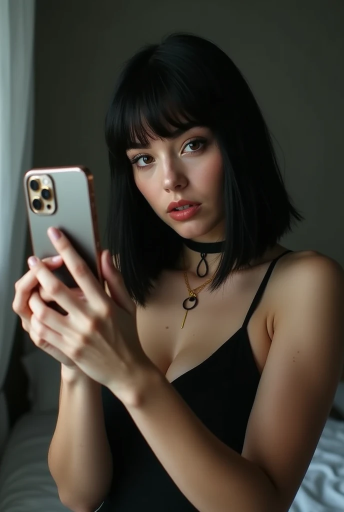 White girl with short black hair taking a selfie (PICTURE REALISTIC)