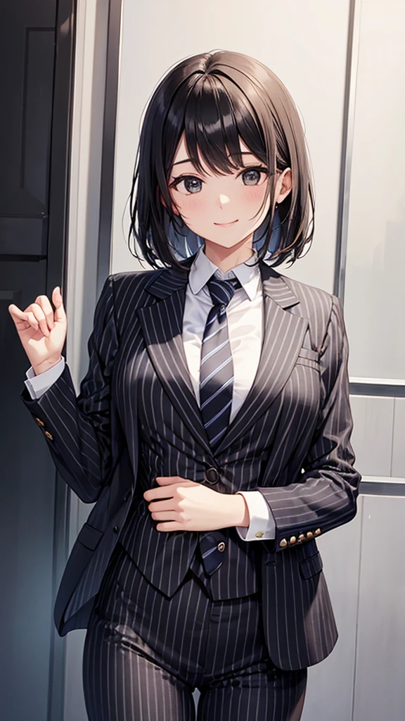 Woman in black suit tie smile