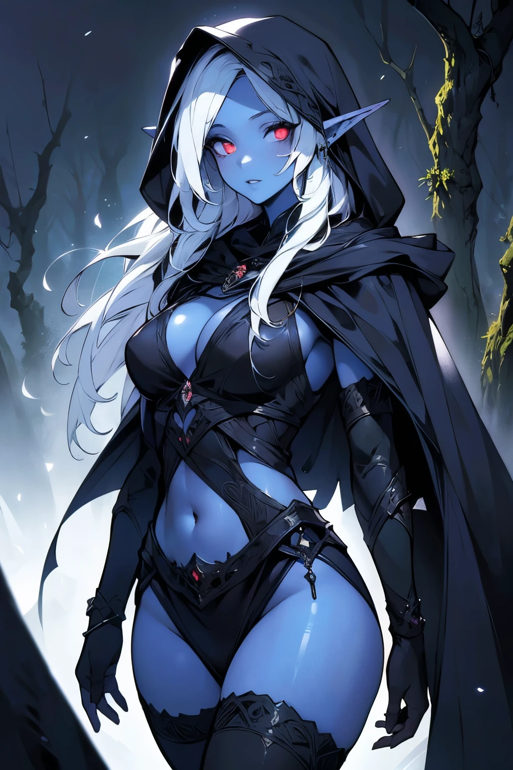 drow, female, pointy ears, solo, elf, navel, hood, colored skin, midriff, looking at viewer, long hair, cloak, dark elf, breasts, white hair, hood up, cape, medium breasts, hooded cloak, belt, grey skin, orange eyes, full body, glowing eyes, lips,  <lora:drow_offset:0.5>, revealing clothes, blush, tongue out, drooling, blush, nipples,(chocker, bangs, chest jewel, tiara,star \(symbol\)), ((print lingerie), (print bra), (print panties), (garter belt)),  tanjoreai ,  <lora:fantasyAI:0.6>,  <lora:ahe:0.7>, ahg, rolling eyes, tongue, from behind, ass,cave, cameltoe,, masterpiece, best quality, highly detailed, (8k), (4k), HDR, beautiful detailed girl, beautiful detailed face, beautiful detailed eyes, perfect shadow, masterpiece, best quality, perfect skin, shiny skin, perfect hands, perfect girl,
