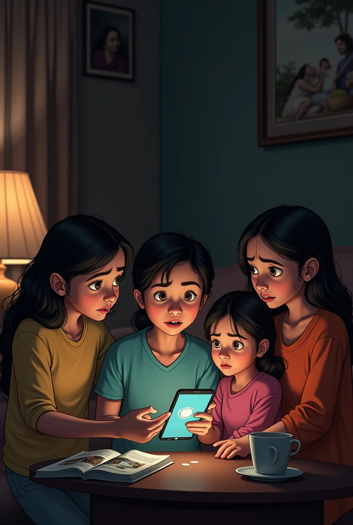 two Indonesian sisters. all are teenagers. Both are busy with their gadget. Their mother, short hair, nearby look upset and angry, Detailed caricature 3D,