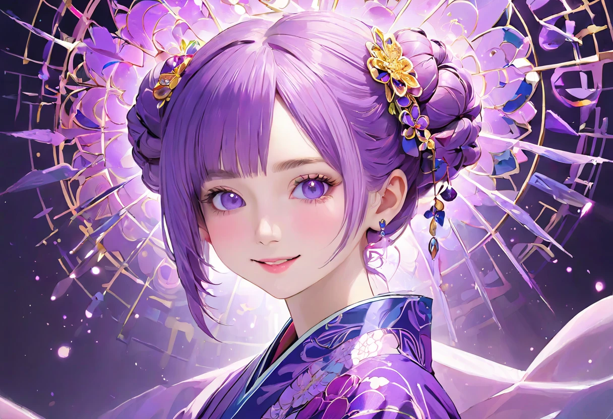 (((White background)))、2、Unity 8k wallpaper、Super detailed、Beautiful and aesthetic、masterpiece、Highest quality、(fractal art:1.3)、One Woman、, violet eyes, Beautiful violet  hair、Japanese、Big pink、Violet kimono、Japanese..., violet hair, violet eyes, hair bun, smile