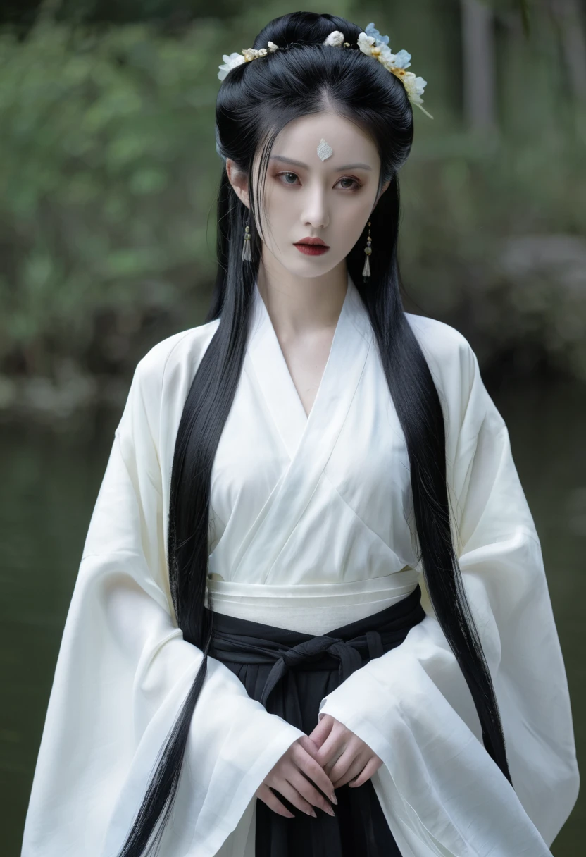 A woman with black hair and white skin,Black Hanfu，Full body image