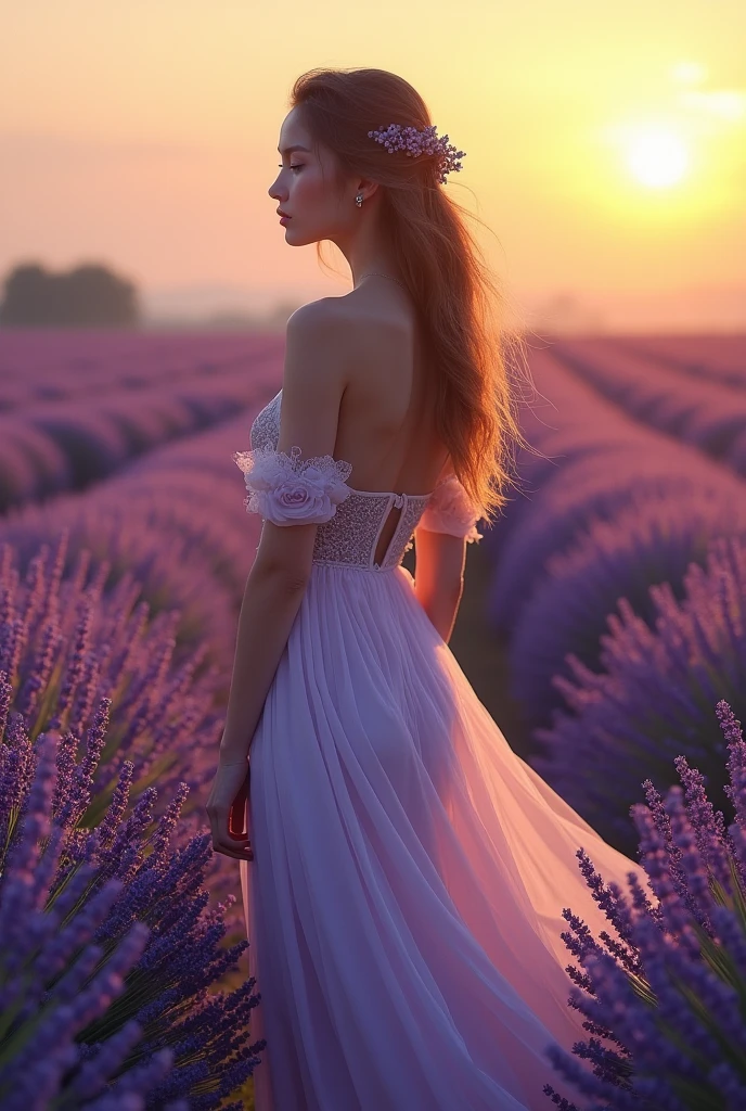 (photorealism:1.2), (full body shot:1.9) Beautiful, stunning, gorgeous, stunning woman, brown hair, green eyes, cleavage, slender legs, soft features, muse, goddess, realistic skin, extremely detailed full body shot of a strikingly stunning woman, wearing a flowy long dress that shows her silhouette in the sun, walking through a lavender field, golden hour