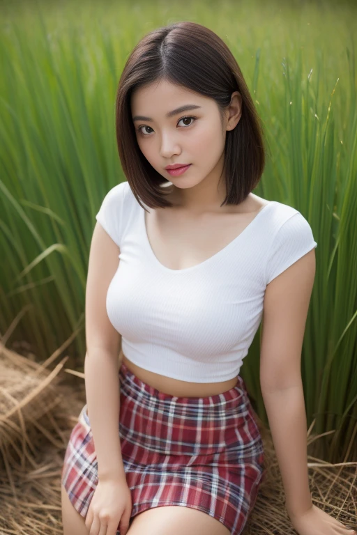 (RAW, Best quality, high resolution, masterpiece: 1.3), an adorable Pinay woman in sexy curvy(iu:0.8),looking at viewer，Skintight printed t-shirt and plaid mini skirt, seductive pose, realistic photography, Best quality，big breast，Detailed eyes，glamorous makeup, standing among the rice fields, morning in summer, sun-tanned light, depth of fields, (showing puffed breasts) bright chest, flawless skin 