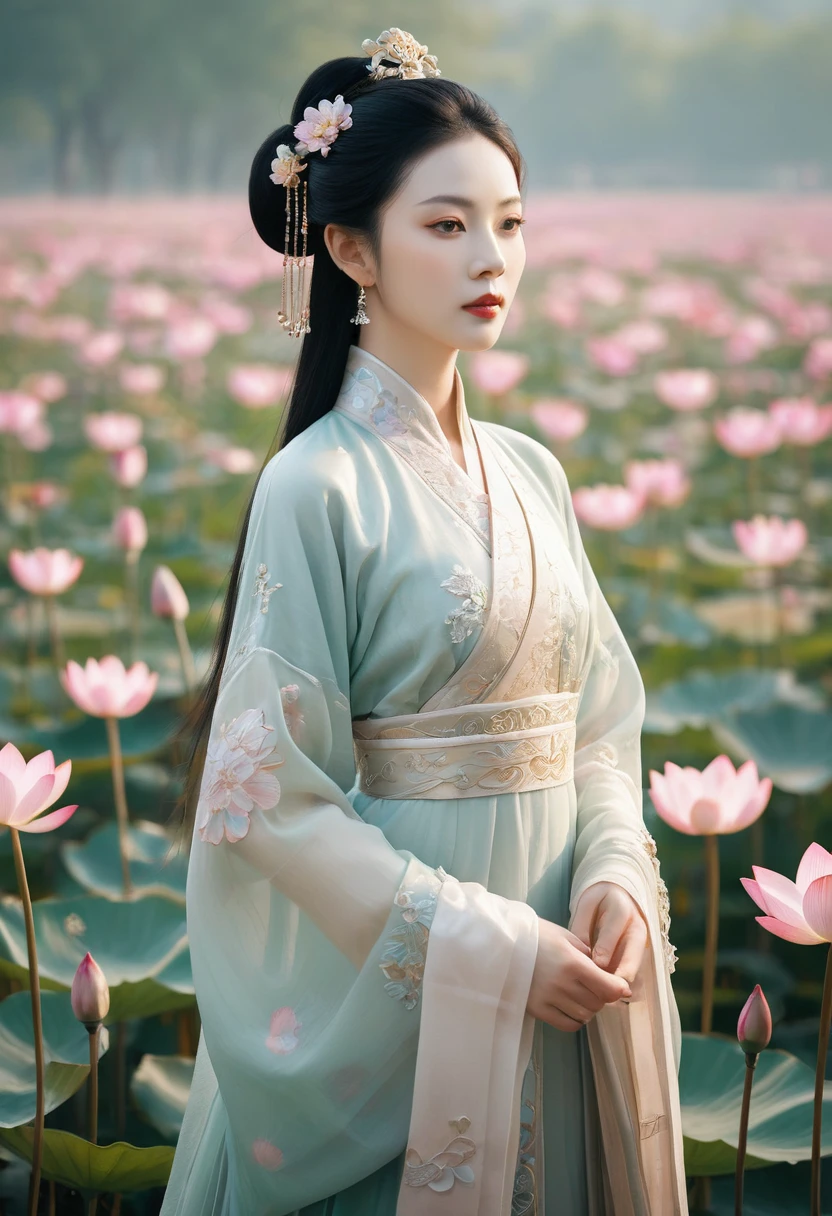 there is a woman in a dress standing in a field of flowers,palace,a girl in hanfu,[beautiful render of tang dynasty],wearing ancient chinese clothes,hanfu,ancient chinese princess,a stunning young ethereal figure,standing gracefully upon a lotus,ancient chinese beauties,a beautiful fantasy empress,ethereal beauty,by Yang J,by Yu Zhiding,Realistic,realistic,photography,masterpiece,best quality,super detail,crazy detail,perfect detail,celebrity image mix and match,digital enhancement,elegance,essence of beauty,natural beauty,charming perspective,Fuji GFX 100 GF 110mm f/2 R LM WR,Full body photography,