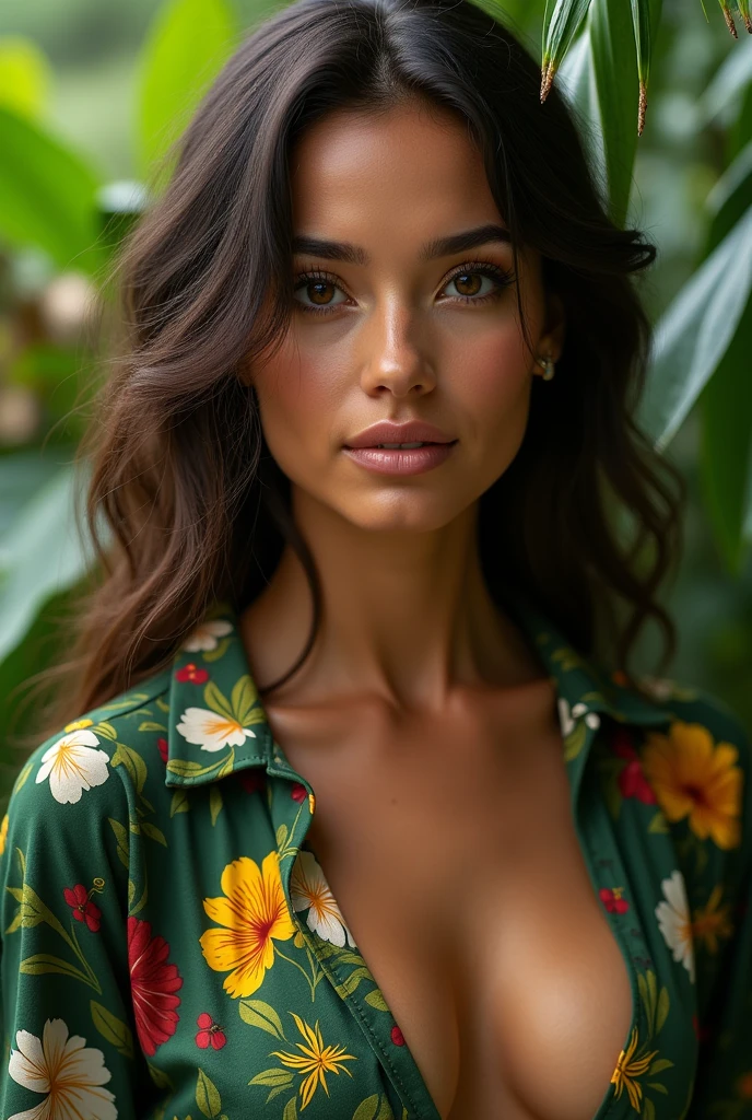 A Brazilian woman in a lush tropical garden, wearing an open shirt with a floral print, with a close-up capturing the harmonious beauty between her breasts and the natural flowers, showing off your natural charm and outgoing personality.