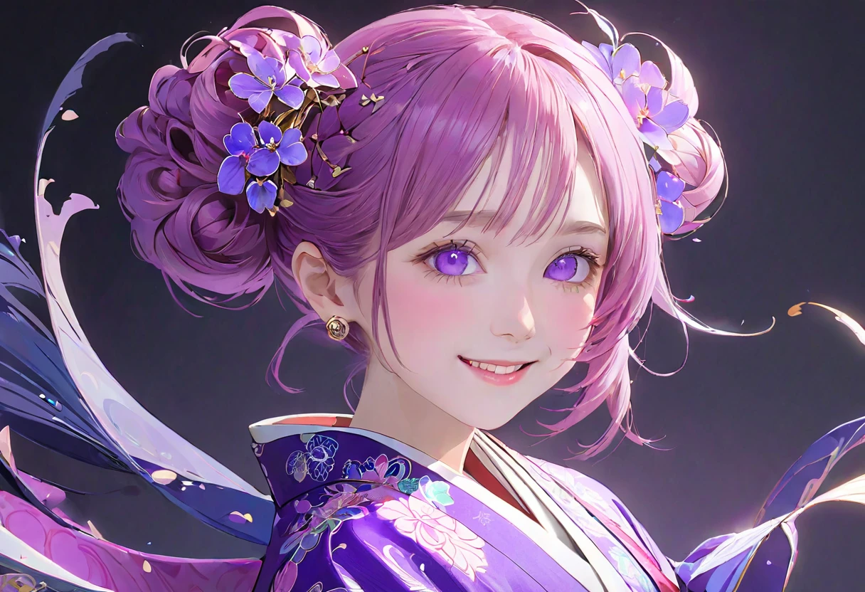 (((White background)))、2、Unity 8k wallpaper、Super detailed、Beautiful and aesthetic、masterpiece、Highest quality、(fractal art:1.3)、One Woman、, violet eyes, Beautiful violet  hair、Japanese、Big pink、Violet kimono、Japanese..., violet hair, violet eyes, hair bun, smile