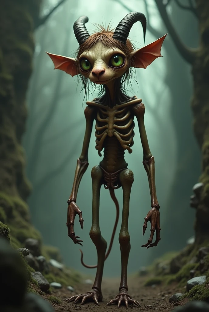 He has bulging green eyes, I can see his ribs, he has pointy ears, brown hair, and a brown complexion.