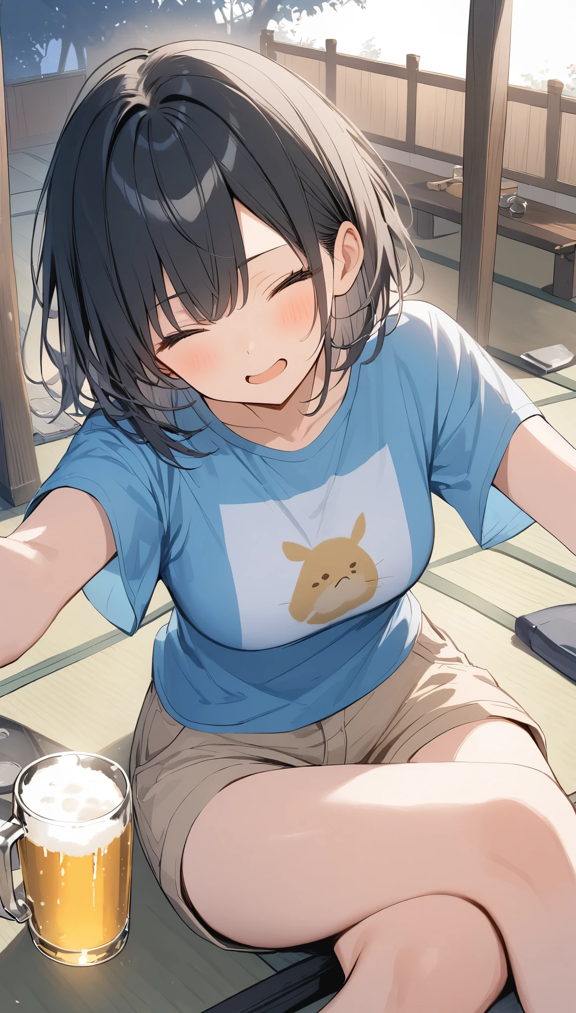 sfw,white background,simple background,1girl, solo, mature girl,yellow eyes,looking at viewer, smile, white background, yellow t-shirt,brown pants,brown hair,medium breasts,cowboy shot, <lora:Squeezer2:1.9>,