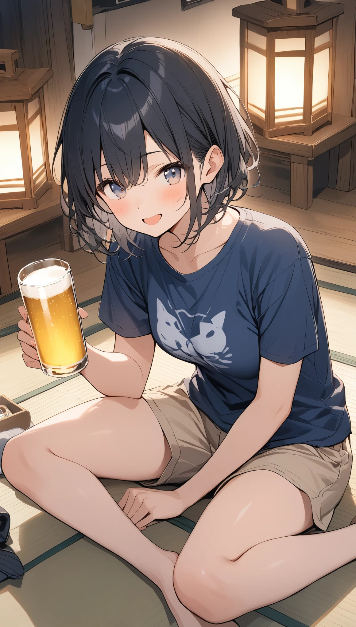 Dough、Thick Paint、Summer fishing、Shrine at night、((Drunk girl))、Navy blue T-shirt、Beige shorts、Black Hair、short hair、((Glass beer mug))、On the tatami、((sitting cross-legged))、眠そうな顔
