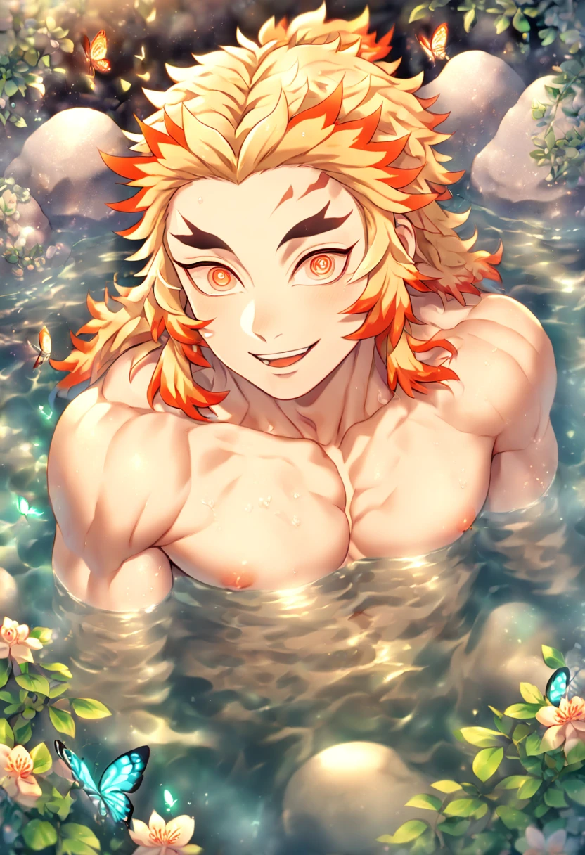 (Masterpiece, Best Quality:1.2), Cowboy shot, 独奏, male focus, 1 adult boy, Rengoku Kyojuro,(demon slayer) smiling , looking at viewer, Long hair, , Split eyebrows, abstraction, (((pond bathing in the background)) ((shirtless, half swim pant)))rengoku face